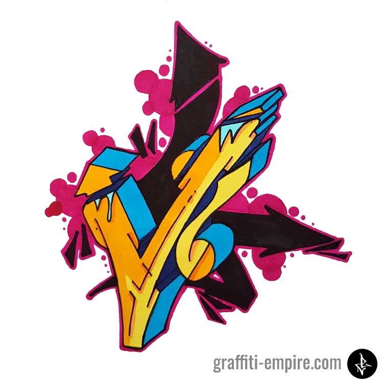 Kolorierter Wildstyle V Graffiti-Buchstaben mit Pfeilen als Hintergrund