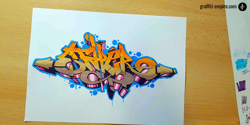 Fertige Graffiti-Zeichnung mit Keyline und Hintergrund
