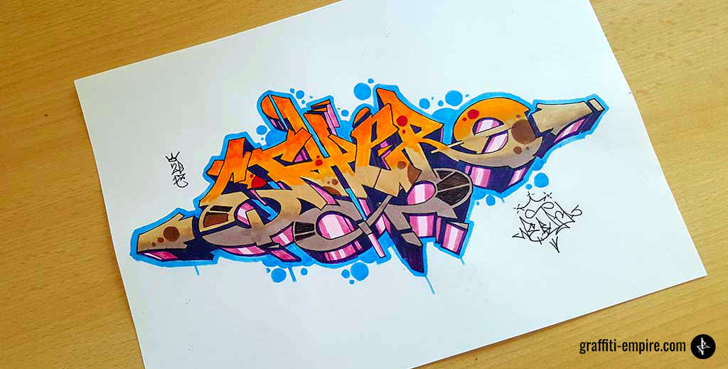 Fertige GRaffiti-Zeichnung mit Hightlights und Tags