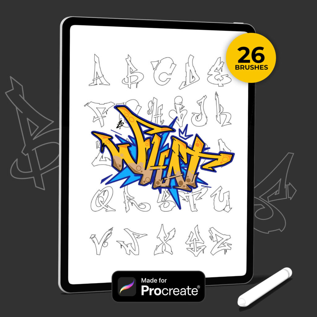 Semi-Wildstyle Graffiti-Alphabet Procreate Brush-Set Mockup-Grafik