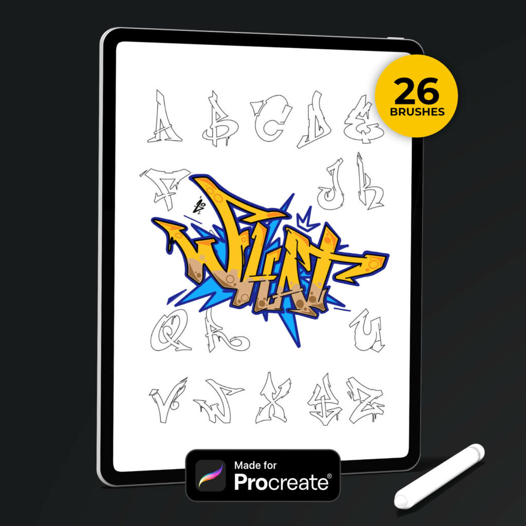 Semi-Wildstyle Graffiti Alphabet Procreate Brush-Set Mockup Grafik