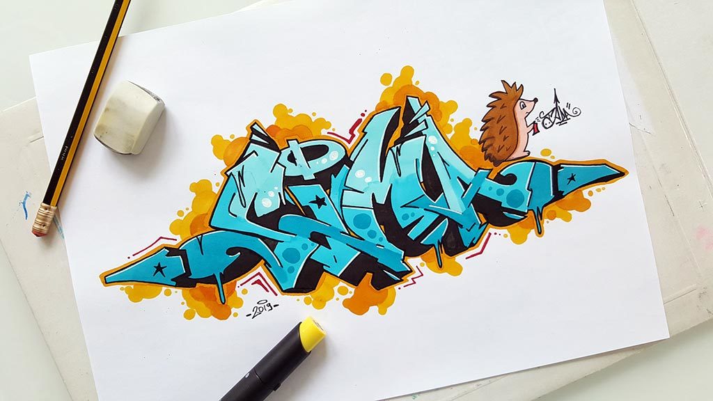 Semi-Wildstyle "Sima" Graffiti-Zeichnung mit Igel-Character