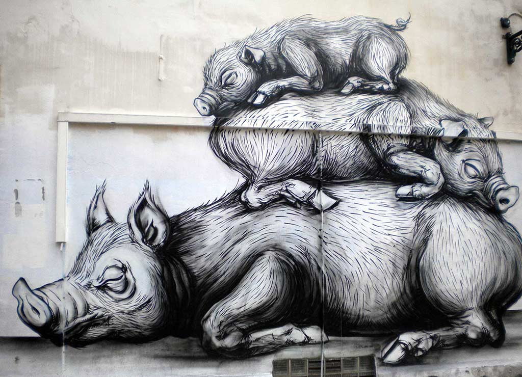 Schlafende Schweine - Streetart in Brüssel vom Künstler Roa